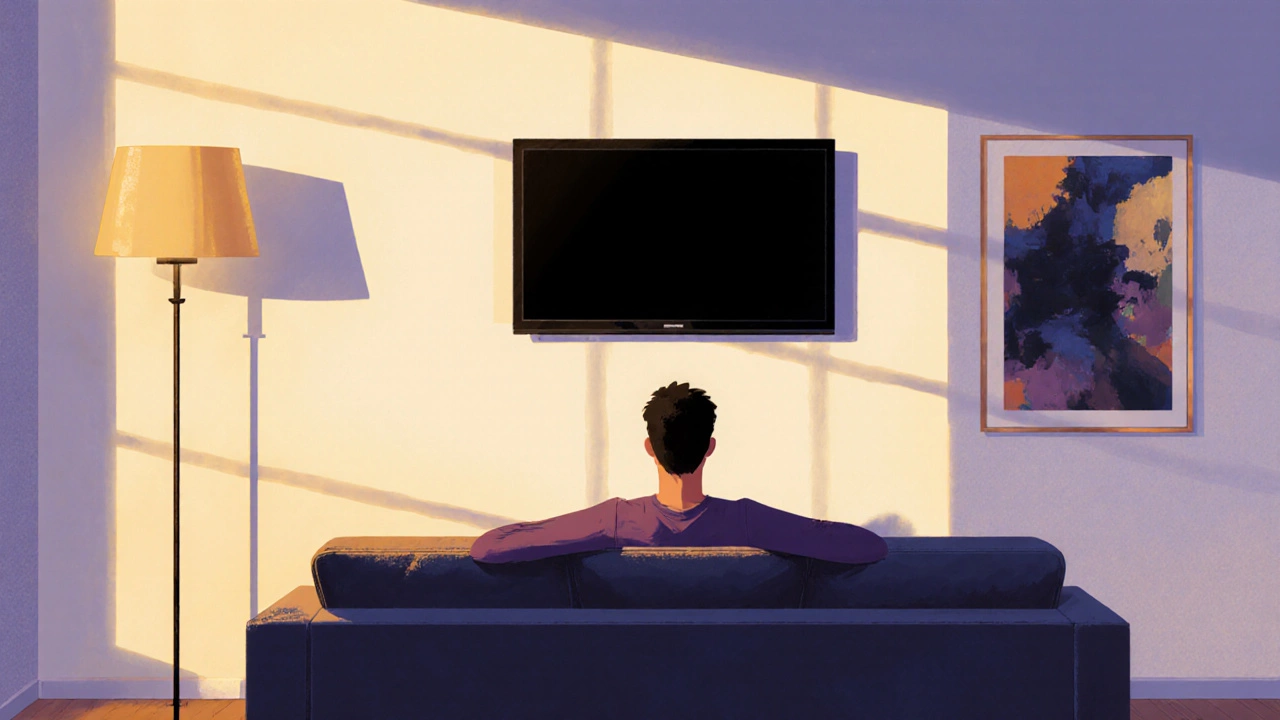 Person sitting comfortably on couch, looking straight at TV aligned with seating, neck relaxed.
