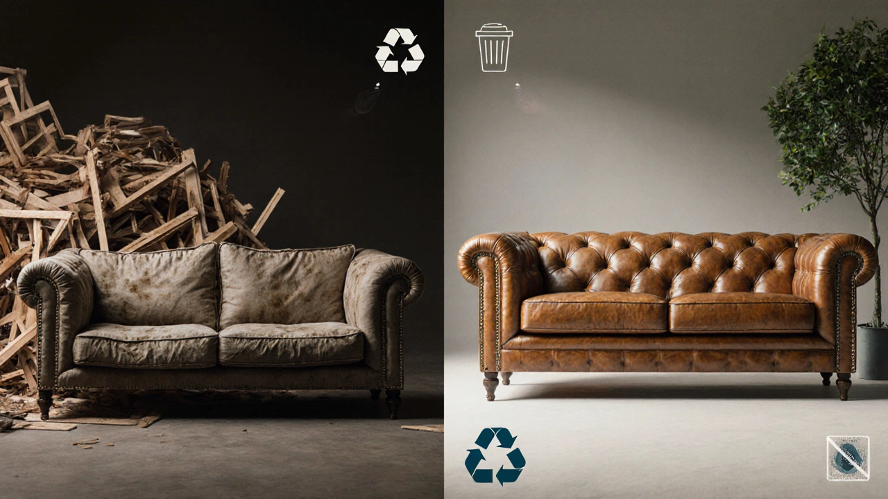 Side-by-side visual of a damaged sofa versus its restored version, symbolizing repair versus replacement.