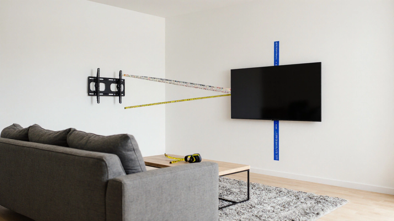 Tape mark on wall showing TV placement aligned with couch center, measuring tape nearby.
