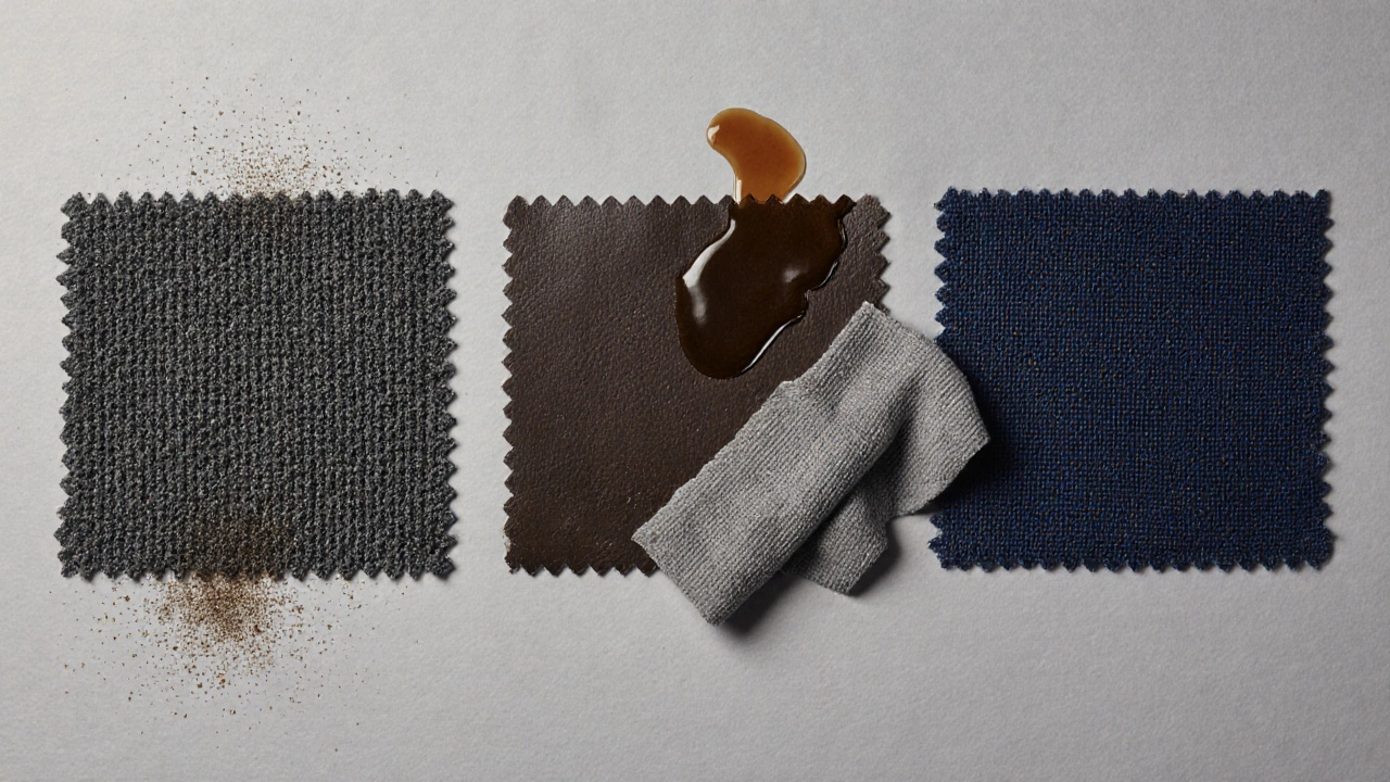 Three dark fabric swatches with dirt and coffee, one being wiped clean.