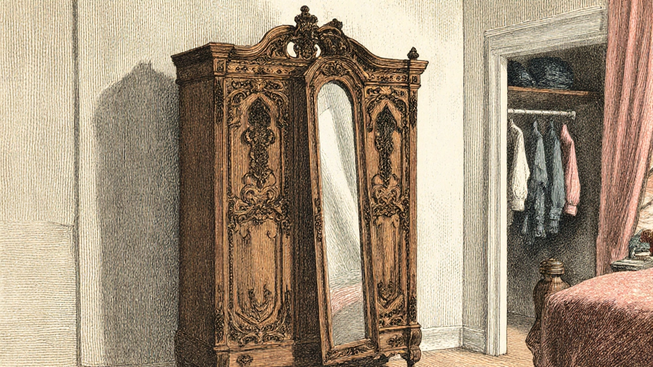 Traditional British wardrobe placed in an American room beside a built-in closet.