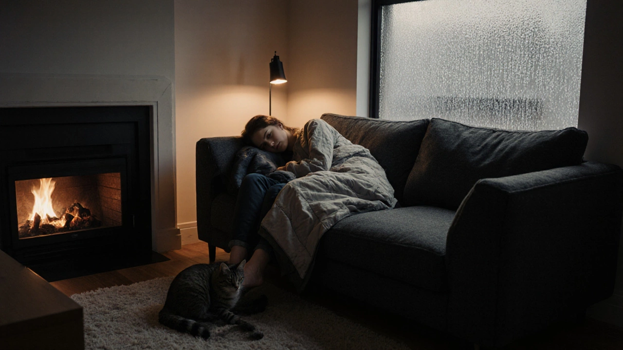 Two people snuggled on a charcoal cuddle sofa beside a fireplace, with a cat at their feet in a cozy apartment corner.