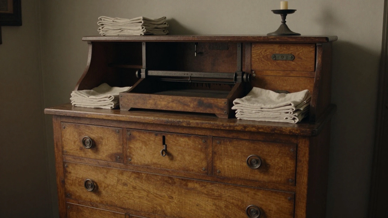 A 19th-century press bureau with drawers and hanging space in a colonial kitchen.