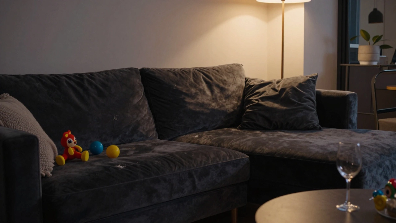 A charcoal velvet sectional in a cozy urban apartment with a toddler’s toy and wine glass nearby.