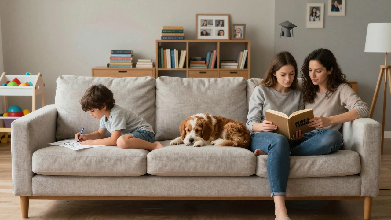 A family using the same high-quality sofa over many years, with subtle time progression in the background.