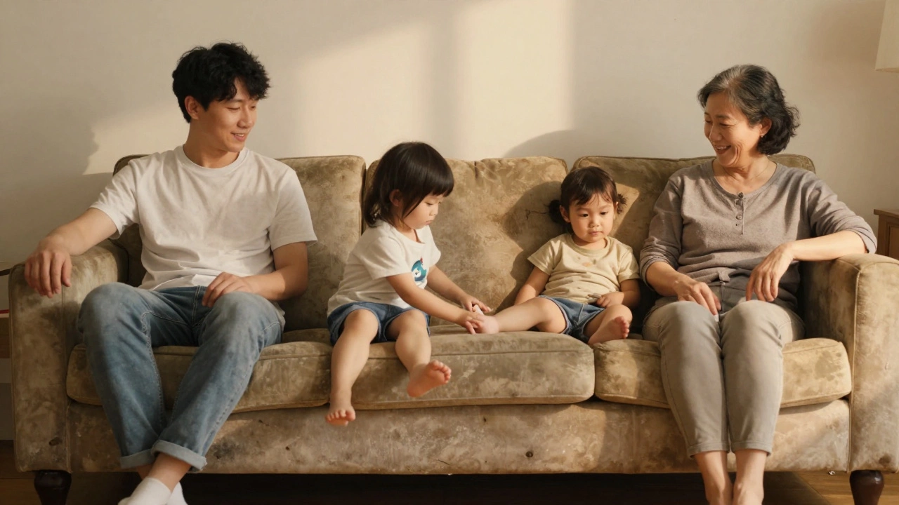 A family using the same sofa over decades—from young couple to empty nesters—showing lasting durability.