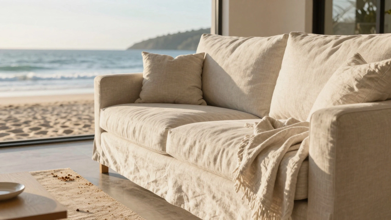 A light oat linen sofa in a Noosa beach home, facing ocean views with sand and a linen throw.