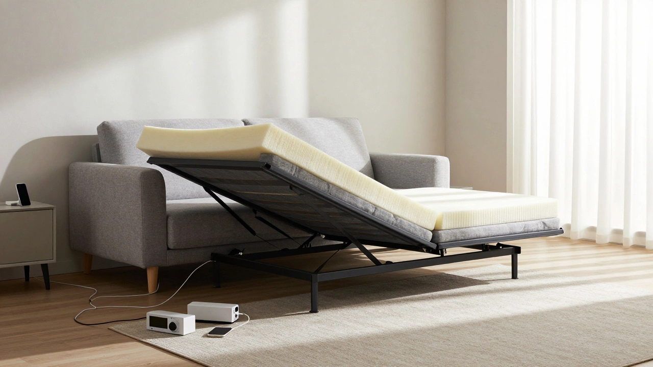A modern sofa bed unfolding to reveal its supportive core, with electronics nearby, as morning light enters a minimalist bedroom.