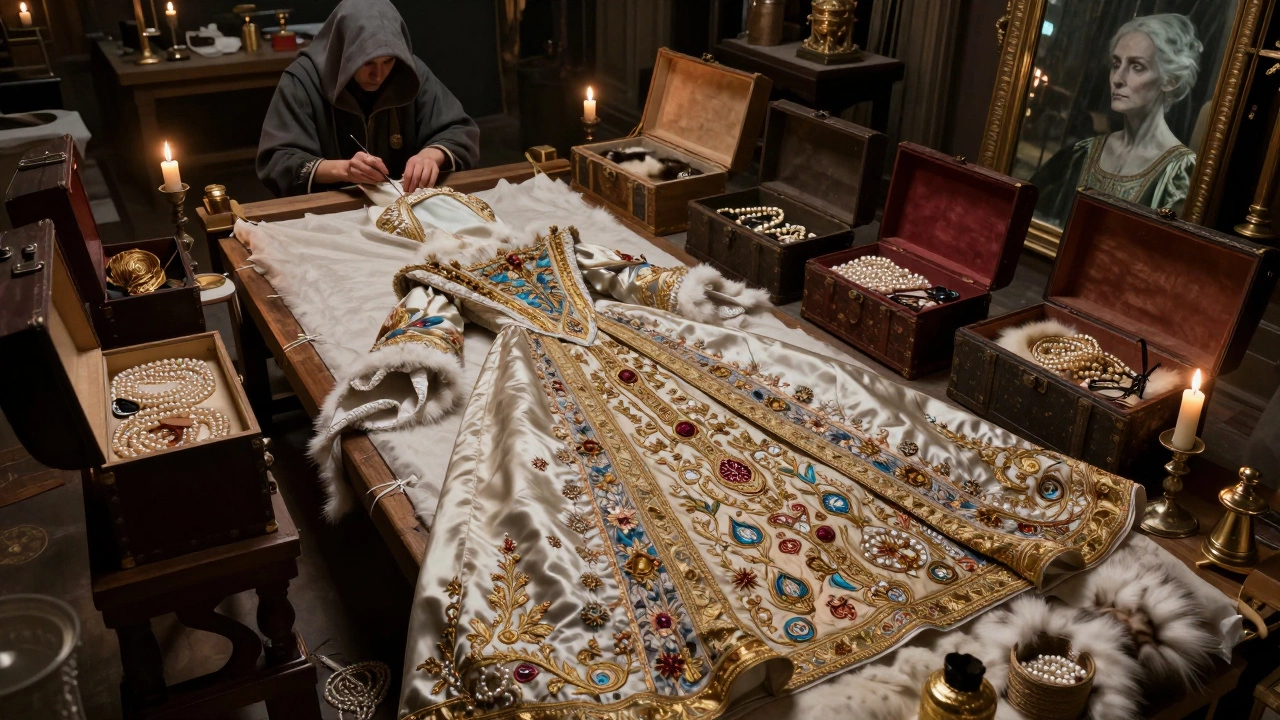 A royal gown under construction with global luxury materials like silk, pearls, and gold thread in a secret workshop.