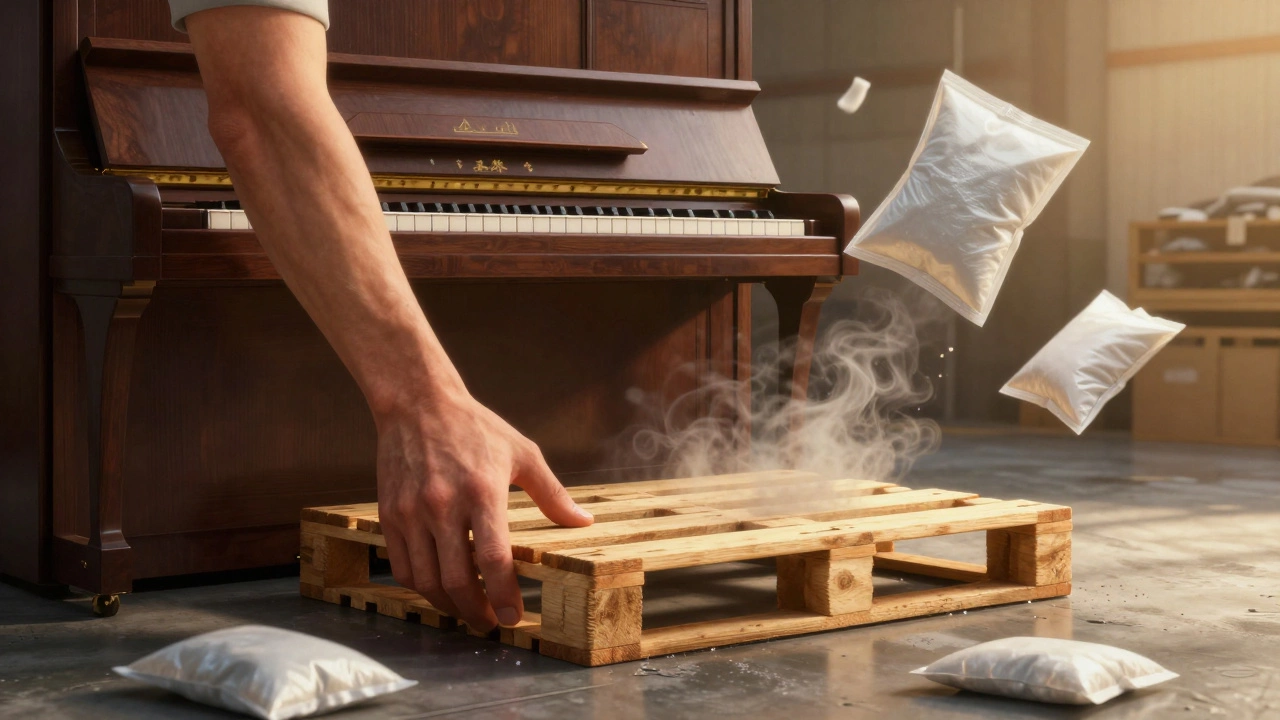 A wooden pallet protects a piano from damp concrete, with breathable blankets and silica packs floating nearby as symbols of preservation.