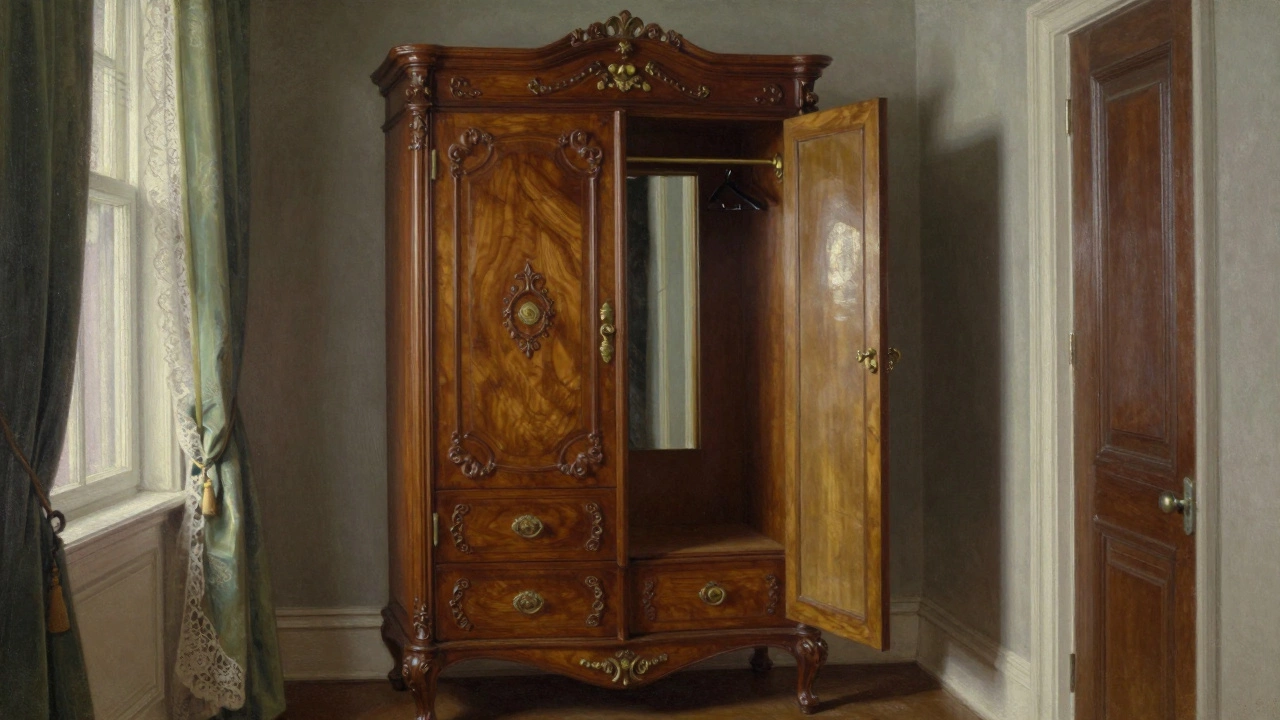 An ornate walnut armoire with carvings and a mirror, standing tall in a Victorian hallway.