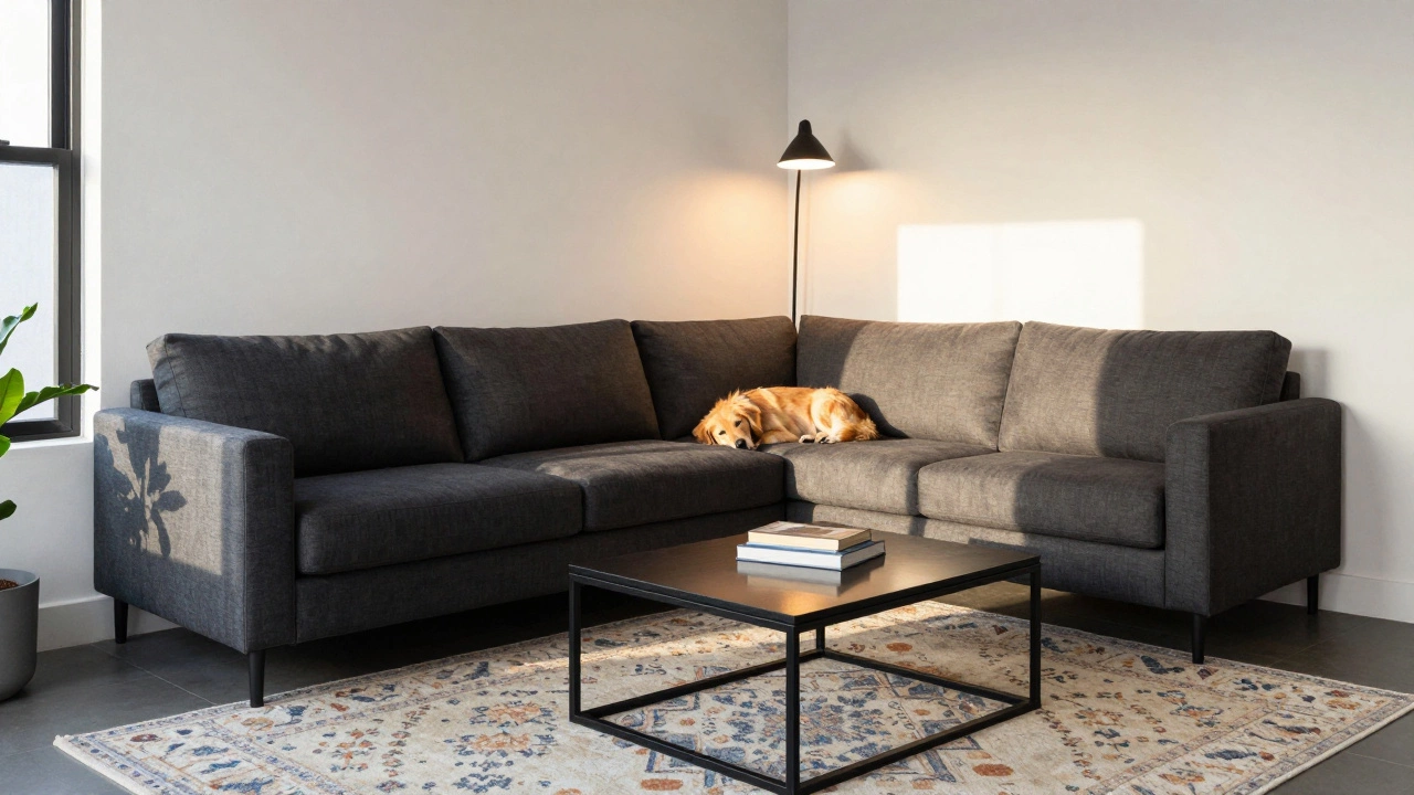 Charcoal corner sofa in a bright apartment with a sleeping dog and matte black lamps.