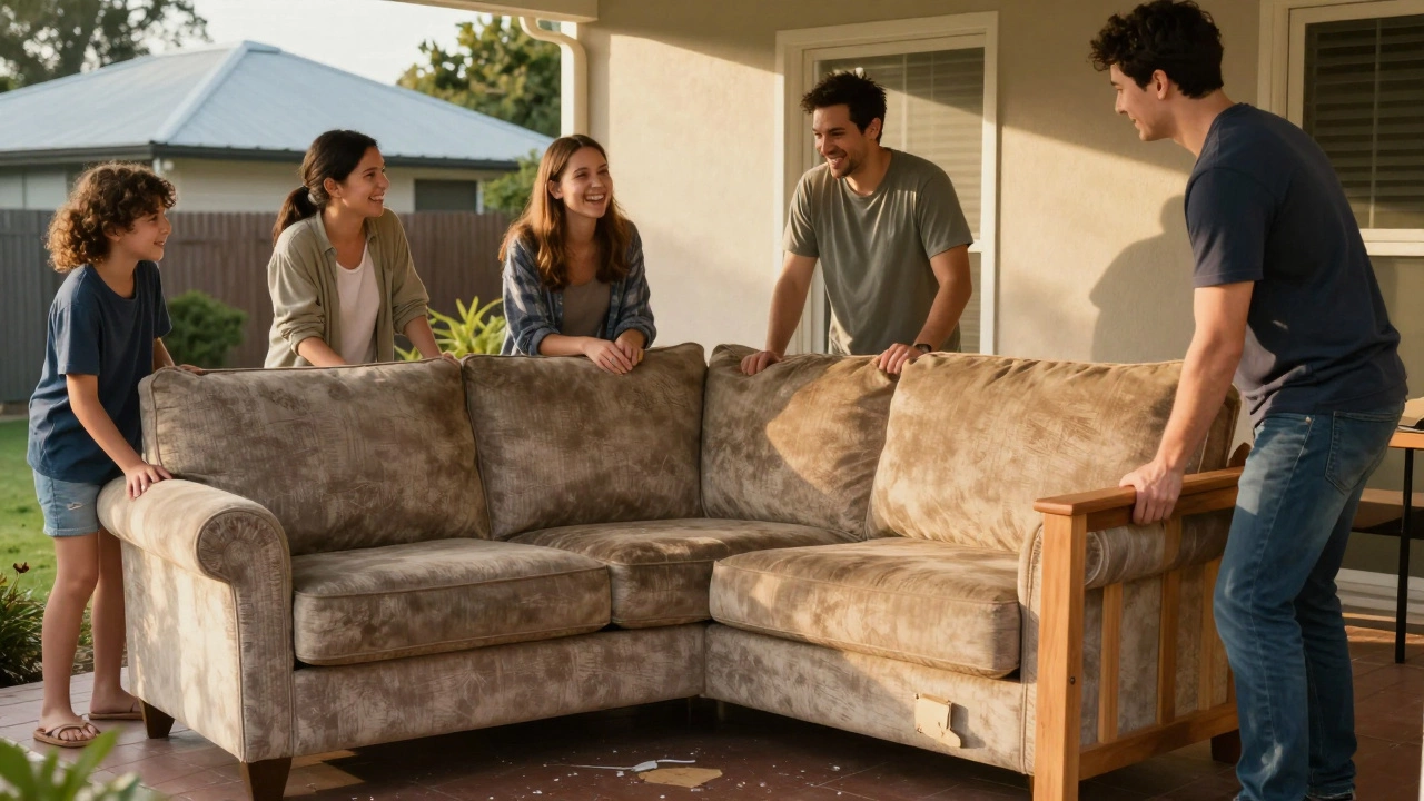 Family replacing a worn-out sofa with a durable new one on their porch.