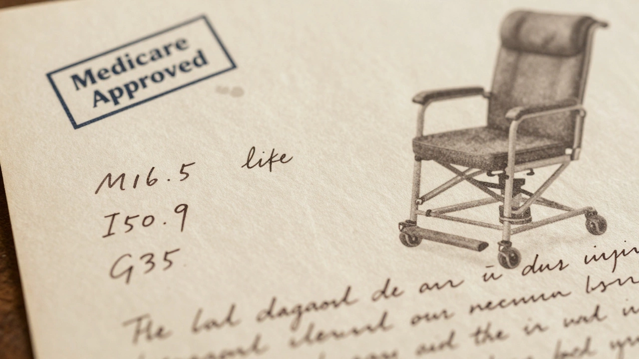 Handwritten medical letter with approved diagnosis codes, stamped 'Medicare Approved,' lift chair in background.