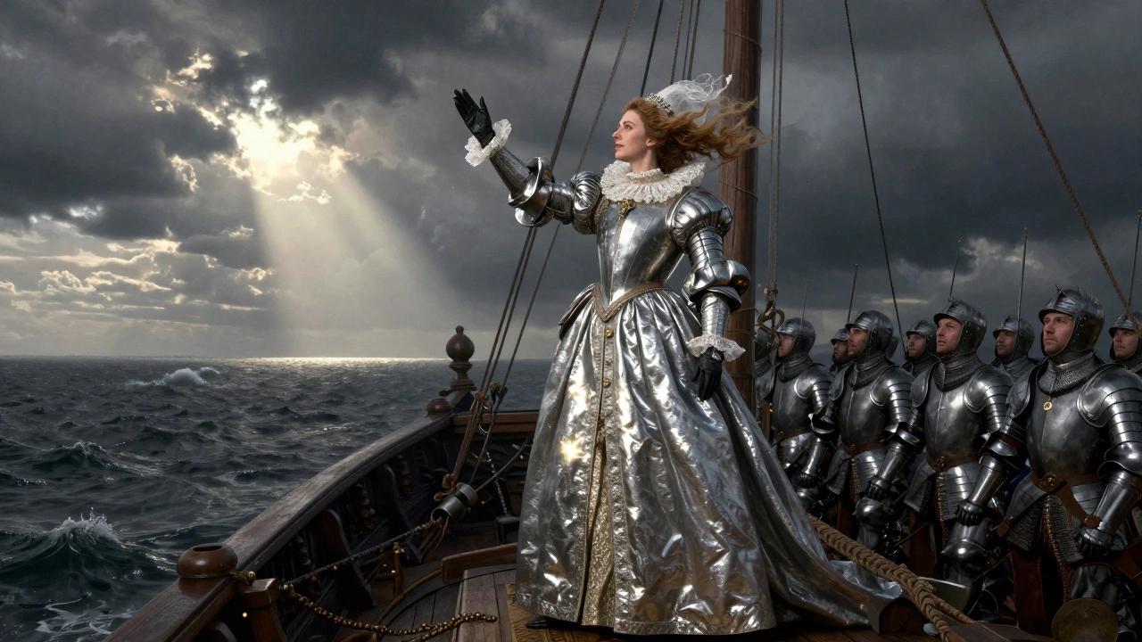 Queen Elizabeth I wearing a silver gown and armor, standing on a ship&#039;s prow as soldiers kneel before her.