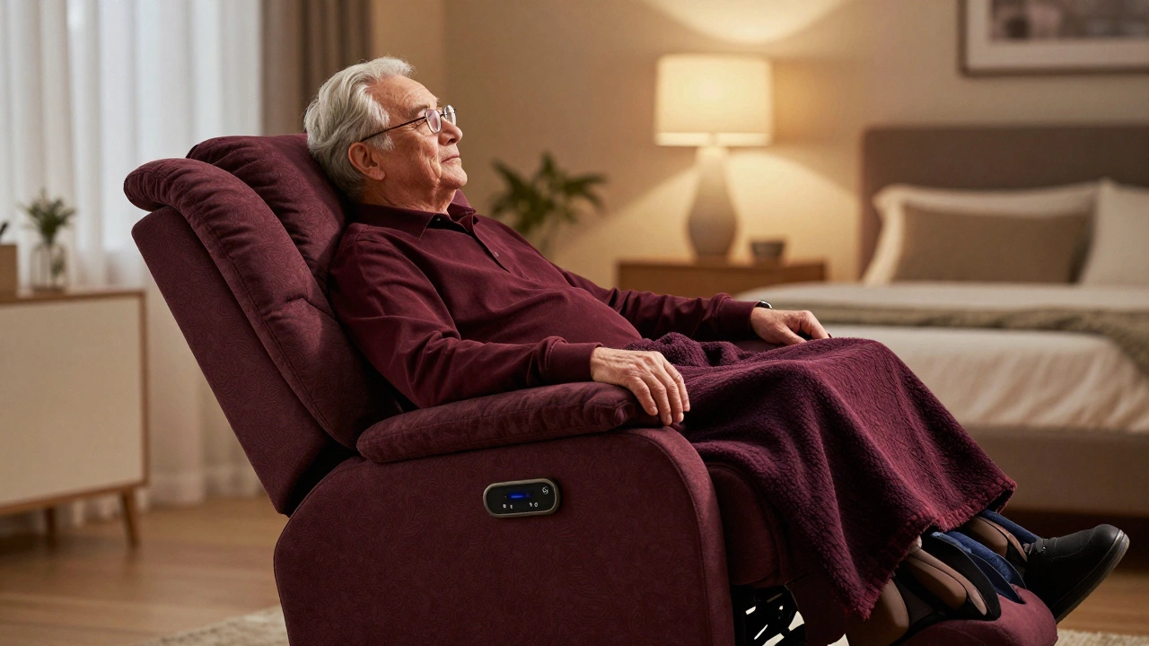 Senior man resting comfortably in a lift recliner with elevated legs and soft ambient lighting.