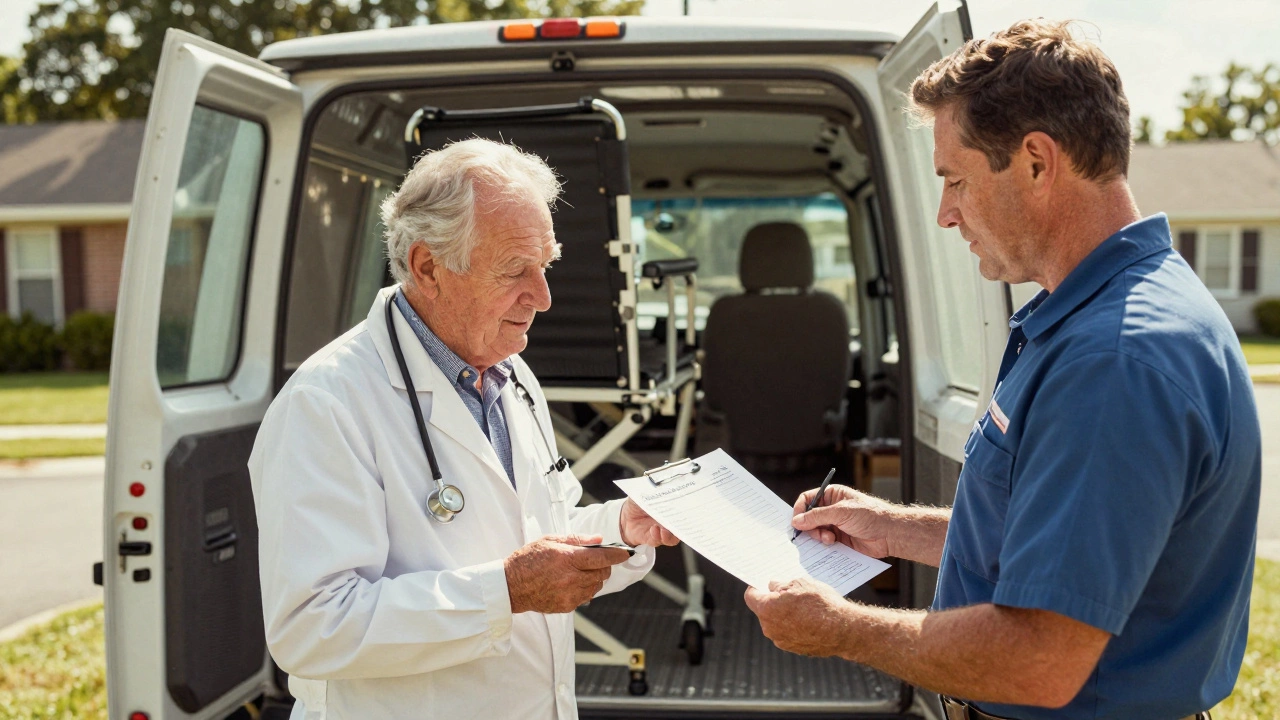 Senior receiving lift chair from Medicare-approved supplier, holding doctor’s order, delivery van in background.
