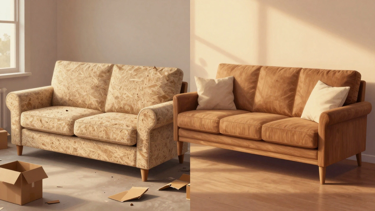 Side-by-side comparison: a worn-out cheap sofa versus a durable high-end sofa, showing years of use and quality difference.