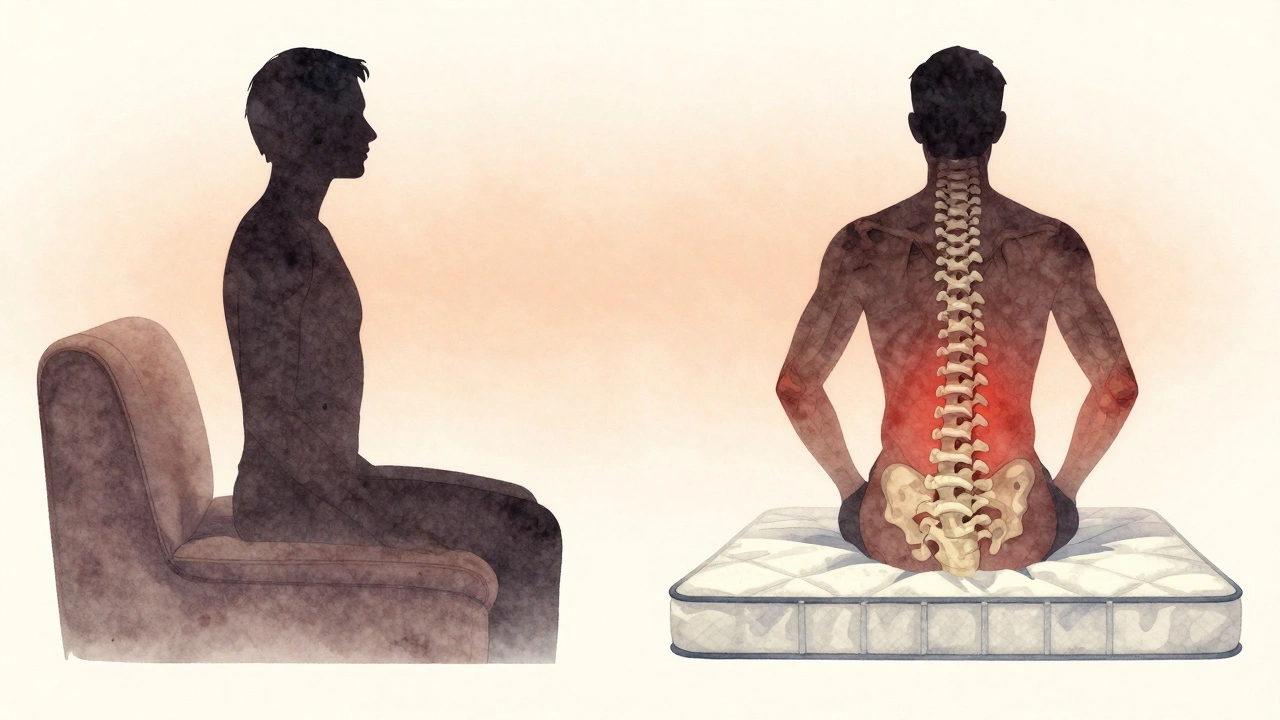 Side-by-side comparison of a spine supported comfortably by a sofa versus strained by a poor mattress, illustrated in soft watercolor.