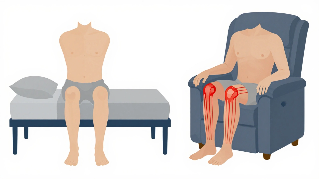 Side-by-side comparison of healthy straight leg vs. strained bent knee in recliner.