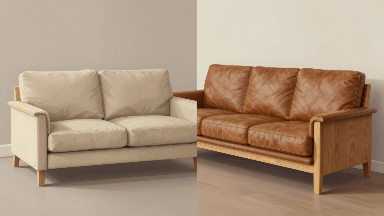 Side-by-side: worn-out cheap sofa vs. pristine 20-year-old quality sofa in identical rooms.