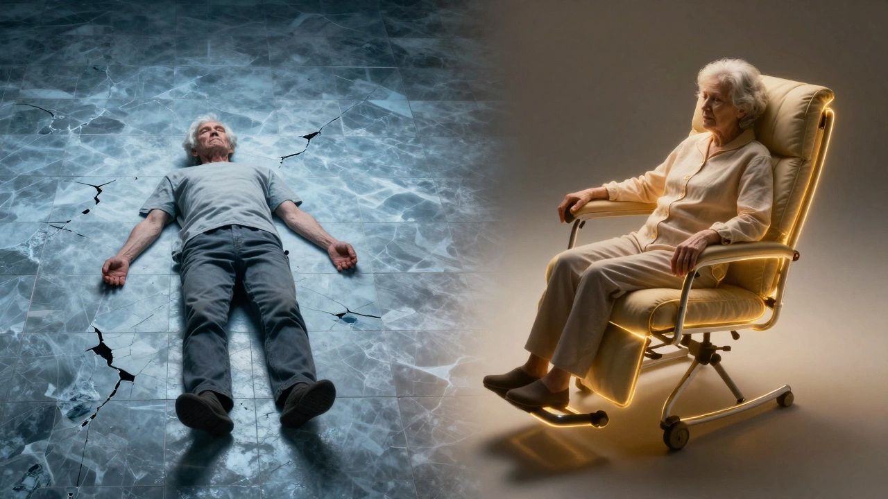 Split image: left shows pain on hard floor, right shows comfort in supportive recliner with warm light.
