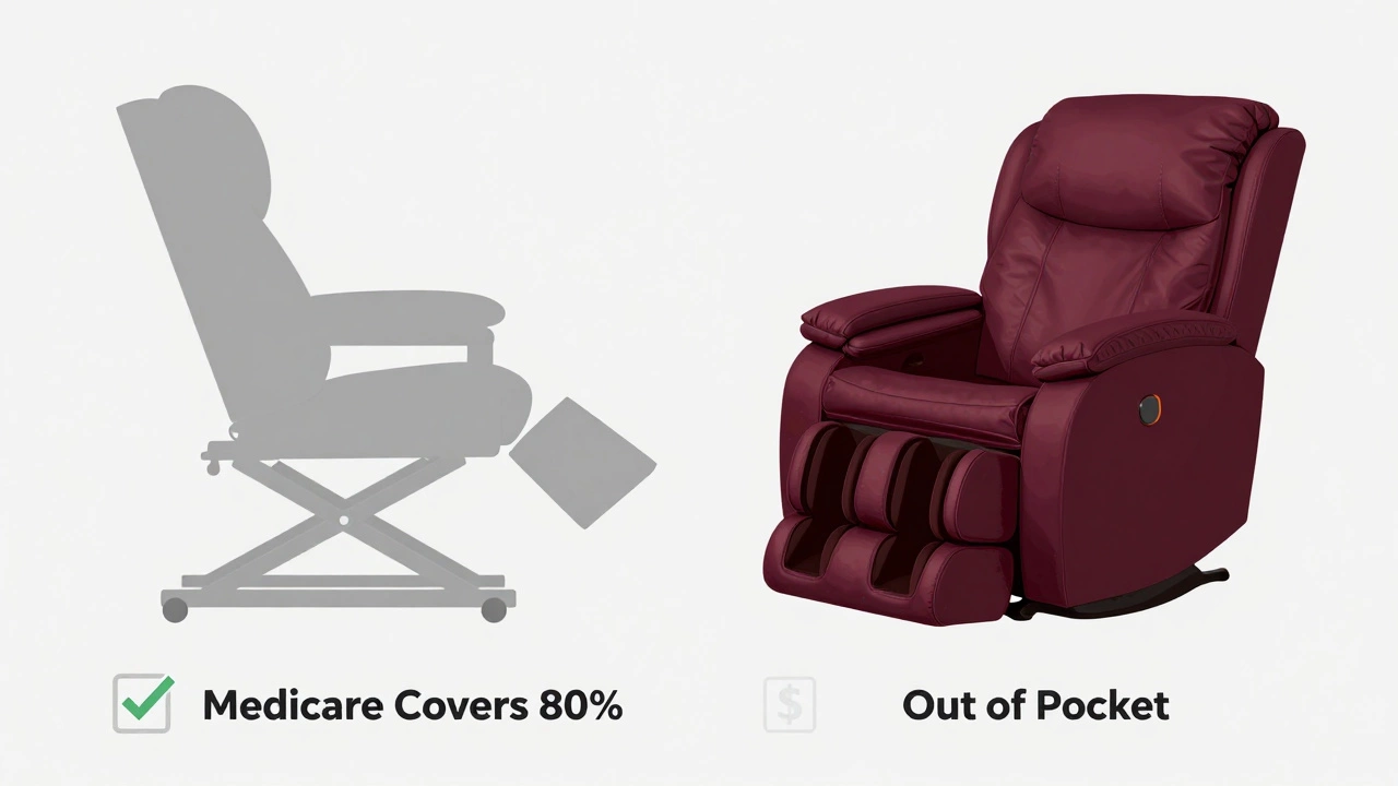 Split image: medical lift mechanism on left, luxury chair features on right, contrasting styles.