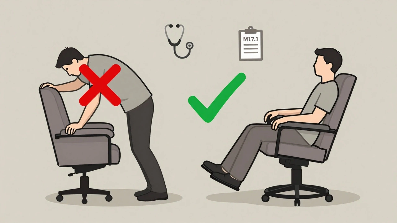 Split image: person struggling to stand vs. smoothly lifted by chair, medical codes and icons between.