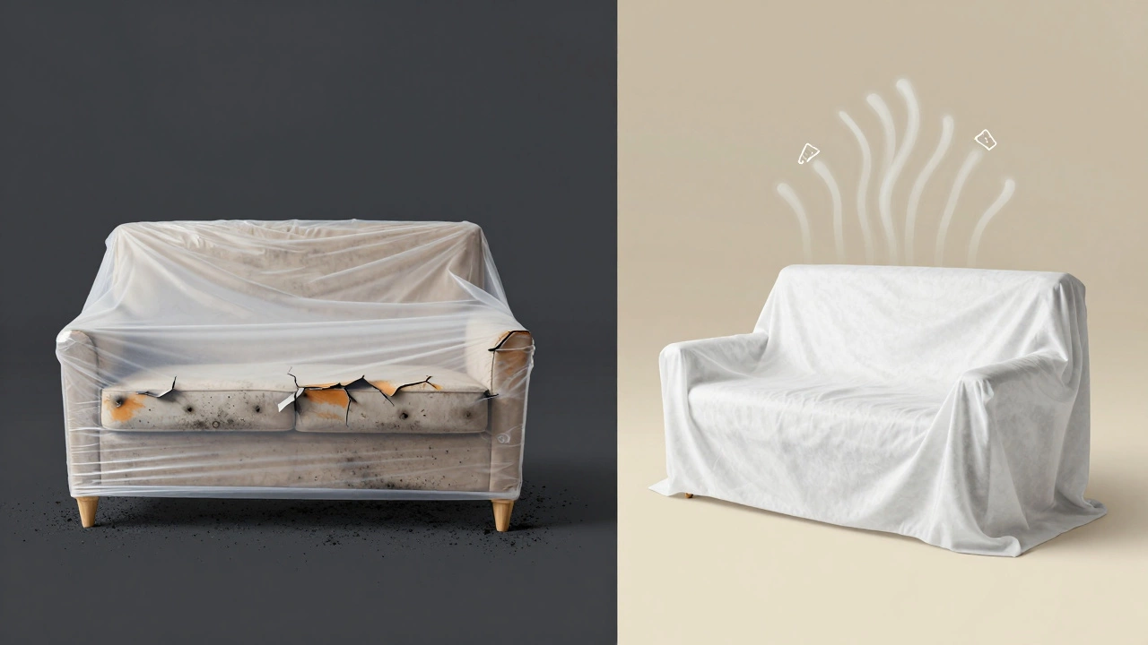 Split image showing damaged plastic-wrapped furniture versus properly protected furniture with airflow.