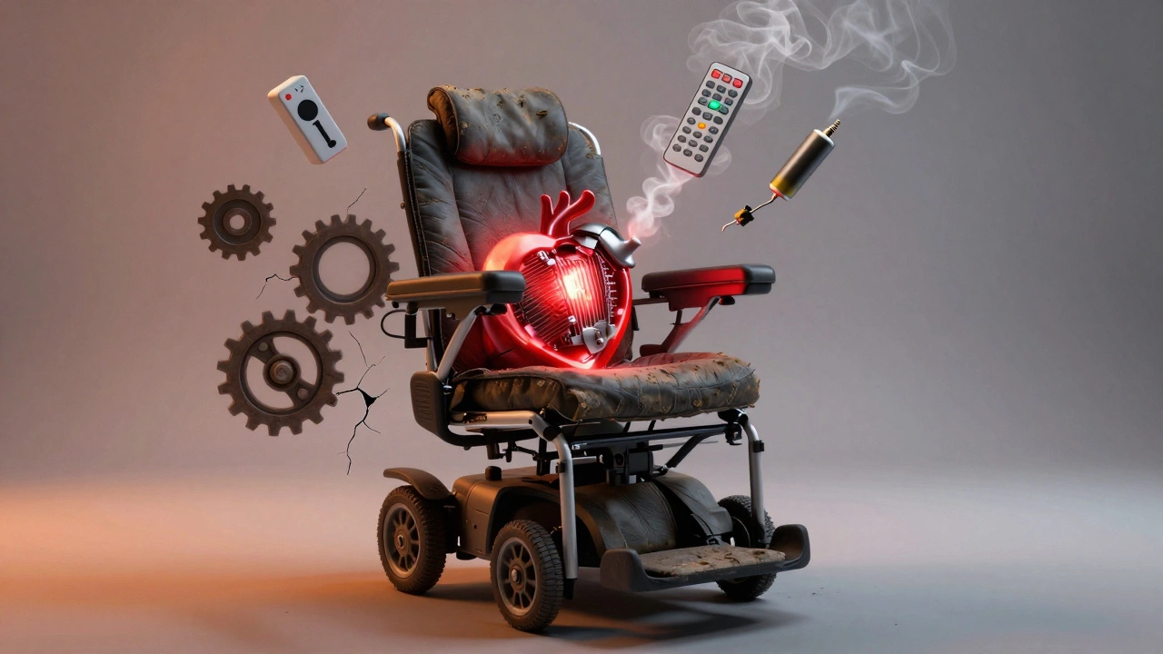 Surreal image of overheated motor inside recliner with dissolving symbols of common failure causes.