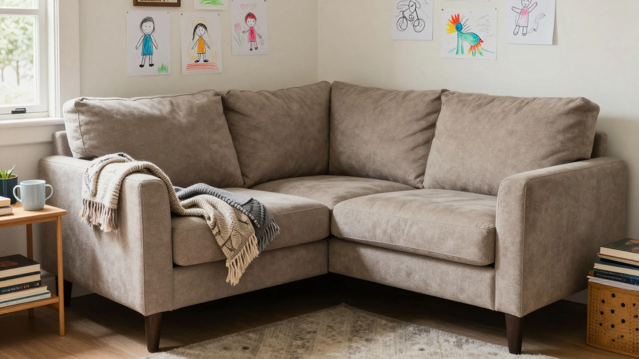 Taupe sofa in a family home surrounded by throw blankets, kids&#039; art, and everyday clutter.