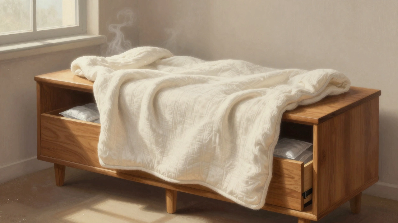 Teak sideboard covered with breathable cotton blanket on wooden pallets in a well-lit storage unit.