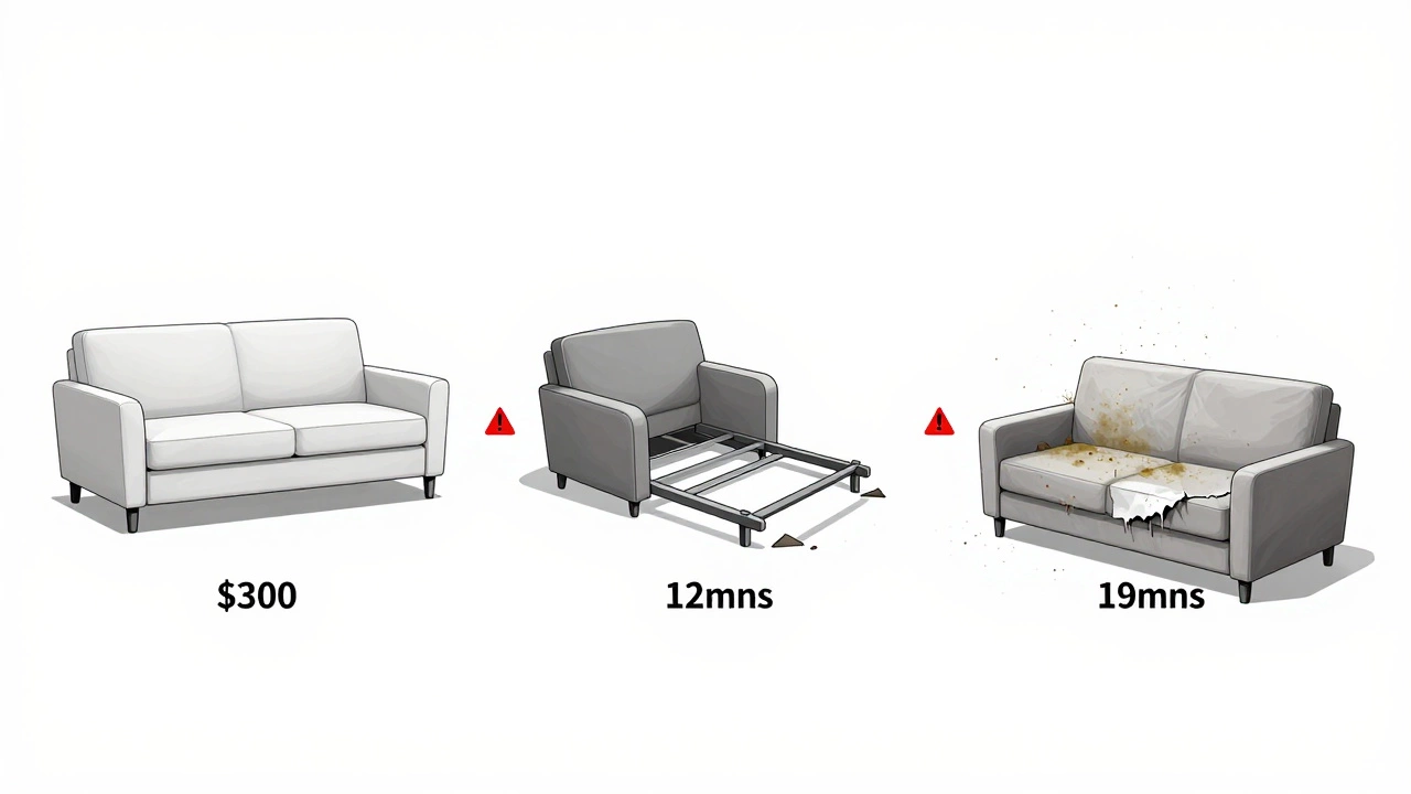 Timeline illustration showing a cheap sofa's decay from new to landfill.