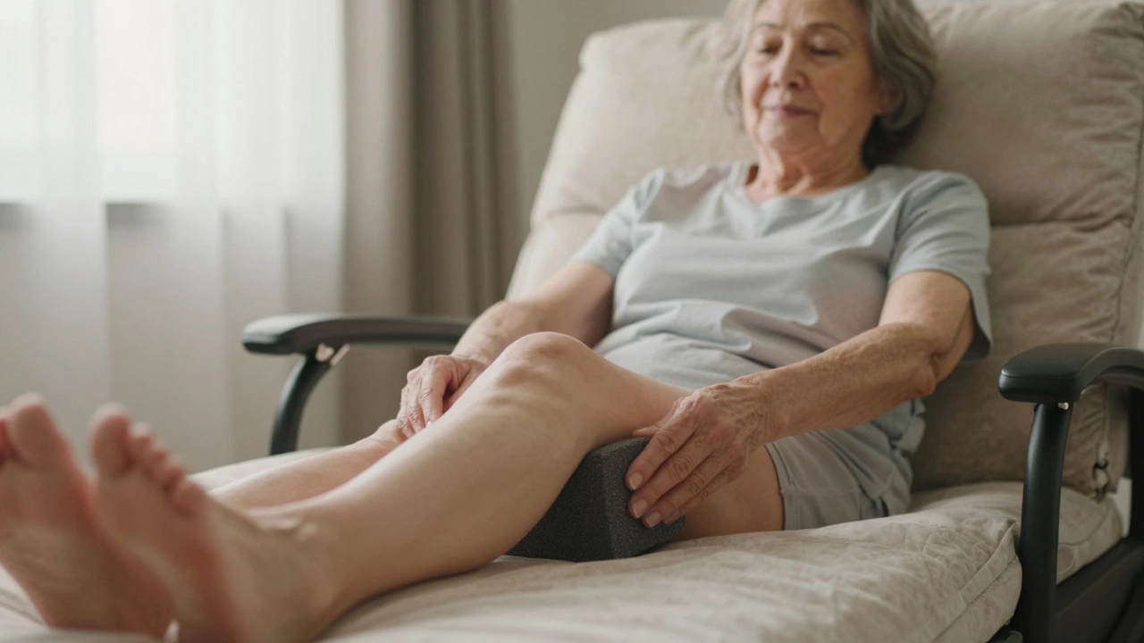 Woman placing pillow under calves in bed, recliner visible in background, peaceful morning light.