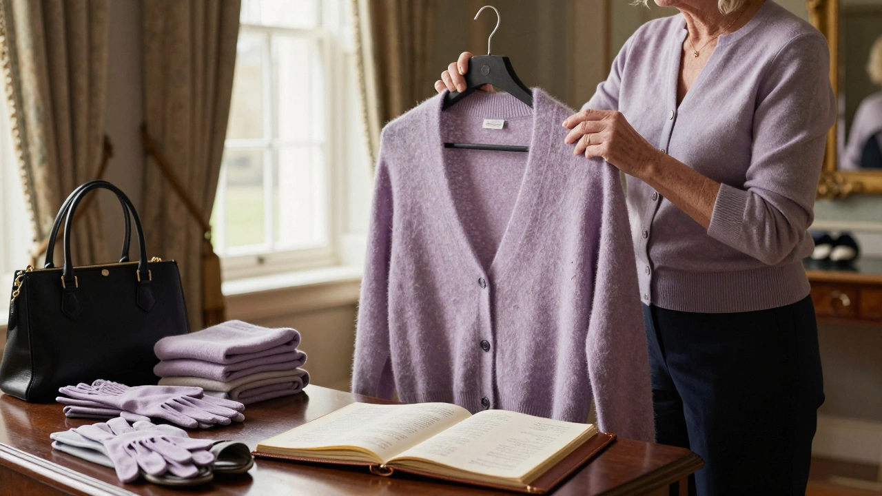 A dresser holding a lavender-scented cashmere cardigan from Queen Elizabeth's personal wardrobe.