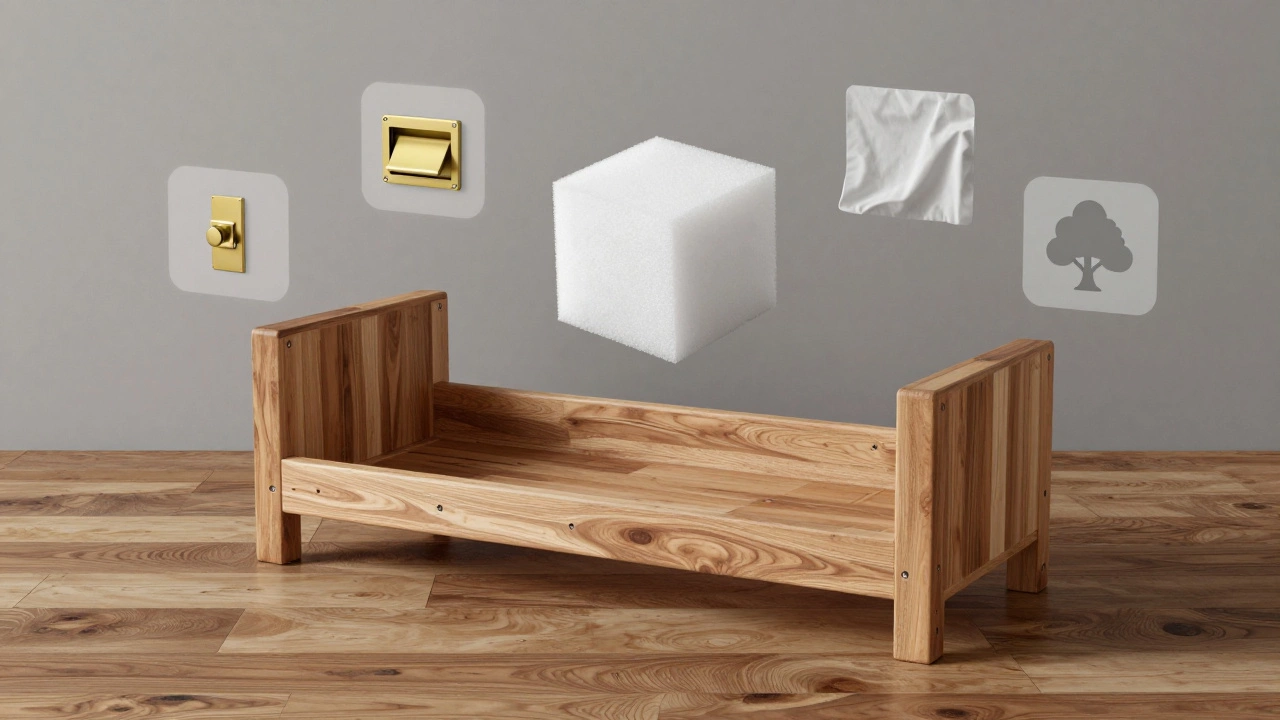 A durable sofa frame with icons of quality components, symbolizing long-lasting furniture.