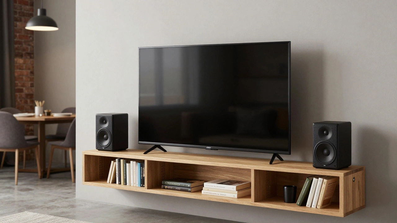 A large TV resting on a solid wooden shelf with proper ventilation gaps.