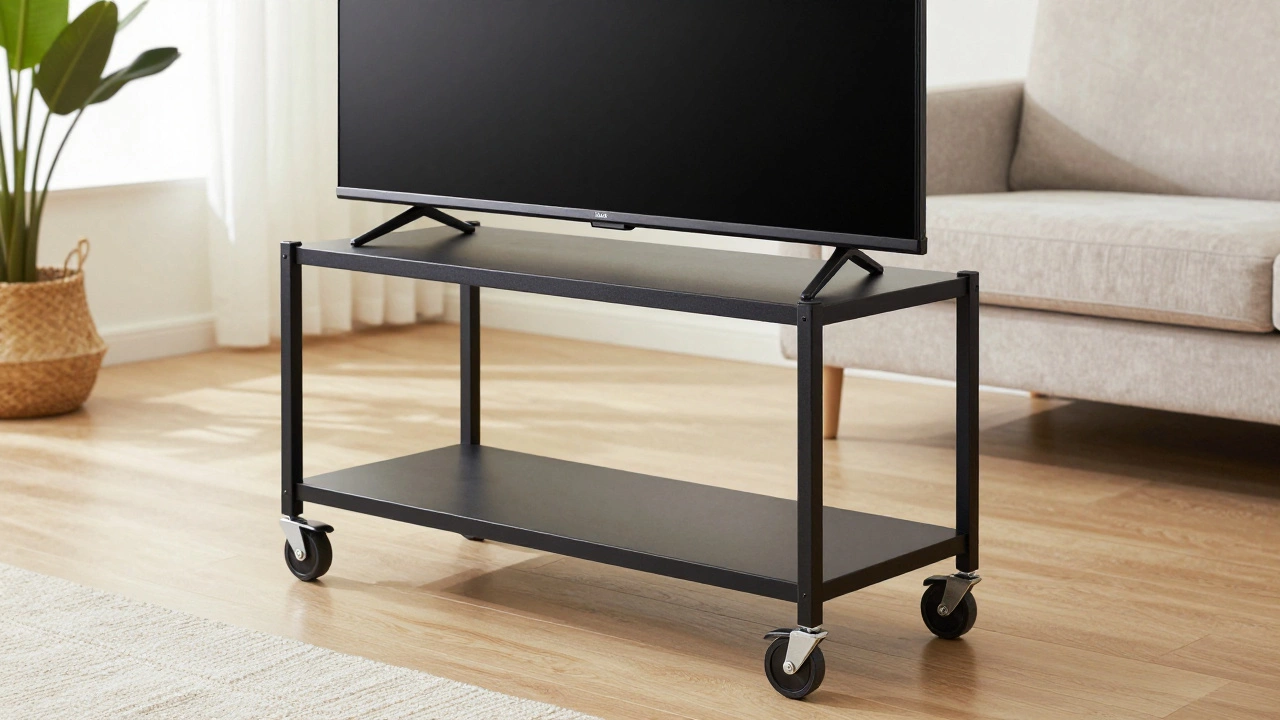 A TV on a rolling metal cart with side rails and locking wheels.