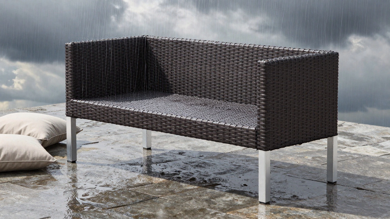 Aluminum and HDPE wicker patio set with rain streaming off weather-resistant cushions.