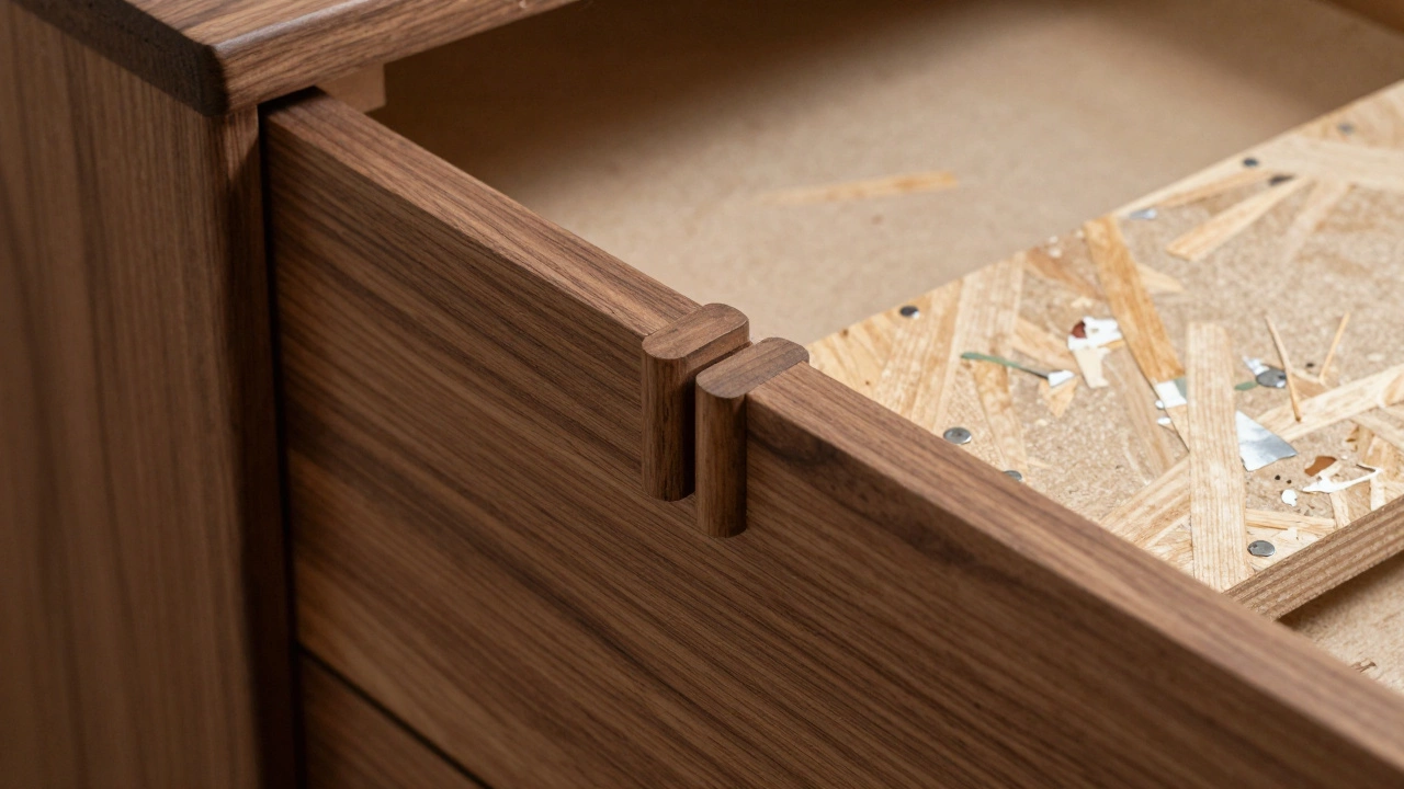 Close-up of a handcrafted dovetail joint in walnut wood, highlighting traditional joinery.