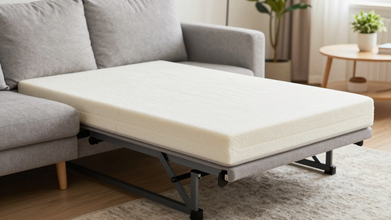 Close-up of a high-quality sleeper sofa's pull-out mechanism showing steel frame and memory foam mattress.