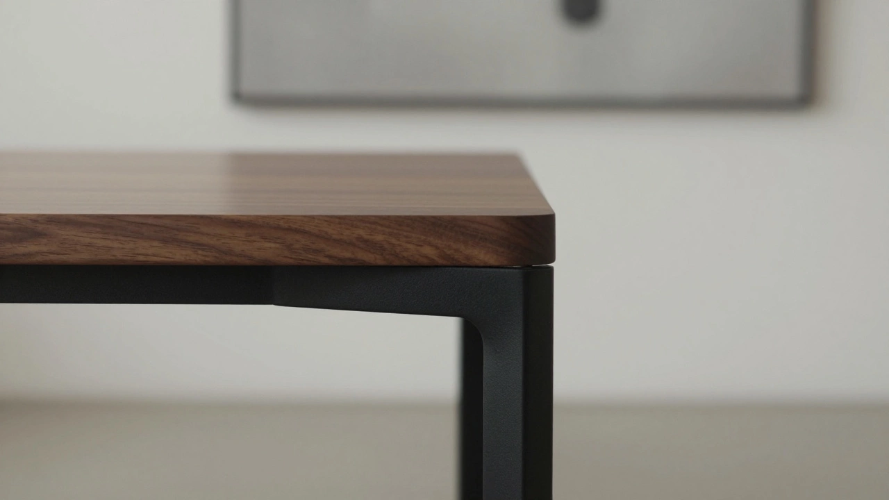 Close-up of a walnut and blackened steel coffee table corner, showing seamless construction with no hardware.
