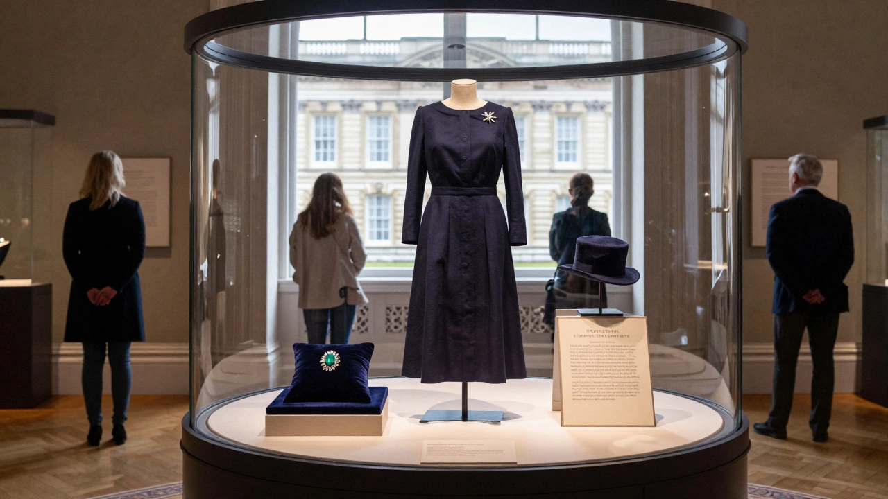 Public exhibition of Queen Elizabeth's clothing with brooch, dress, and hat displayed in solemn museum setting.