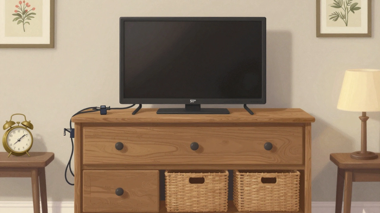 Repurposed dresser holding a TV in a cozy bedroom with storage baskets