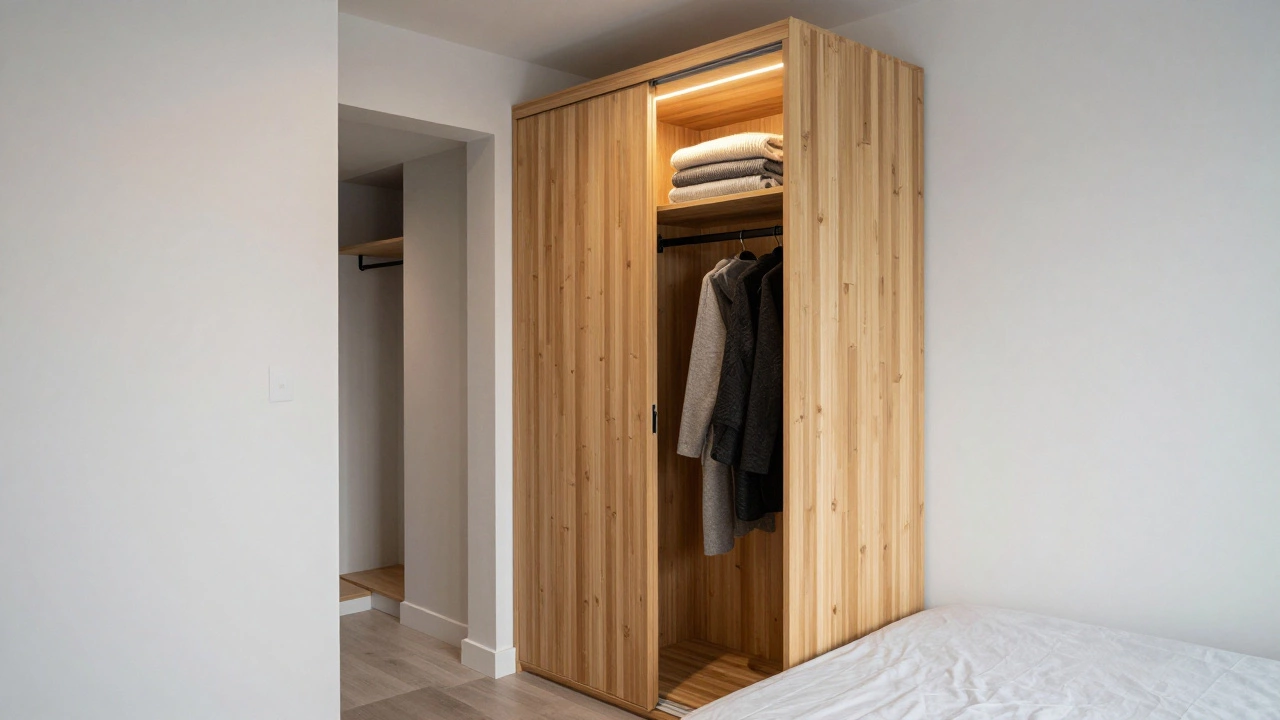 Sliding-door bamboo wardrobe in a London studio apartment, next to a bed with a small closet in background.