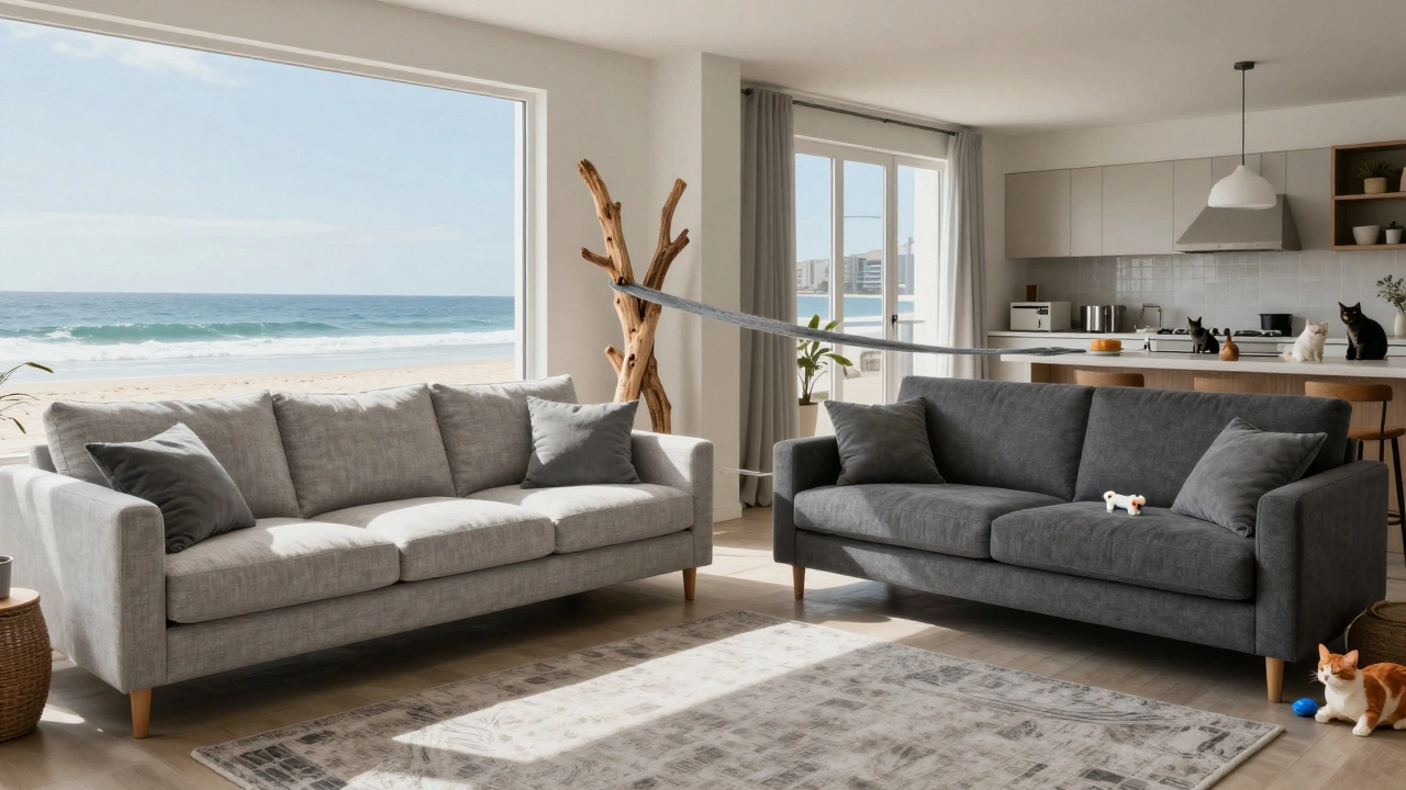 Split living room: light gray sofa by the ocean and dark gray sofa in a busy home, connected by a gray thread.