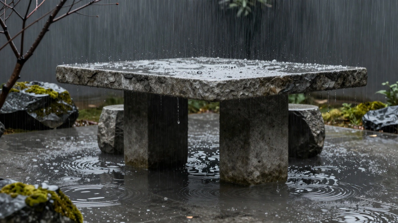 Stone and concrete outdoor table enduring heavy rain, surrounded by wet garden stones.