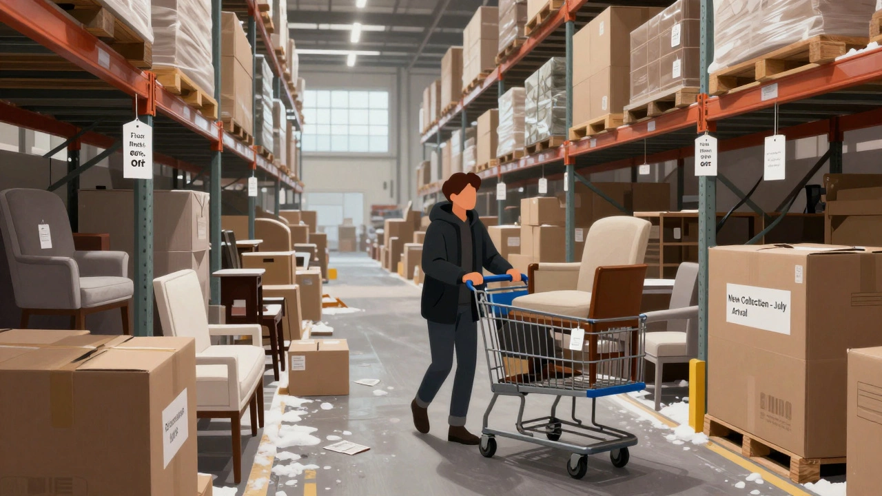 Warehouse aisle filled with tagged furniture pieces during post-Christmas clearance sale.