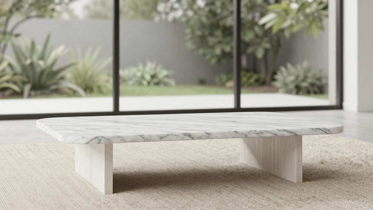 White oak and marble coffee table in a bright open-plan room with large windows and a light rug.