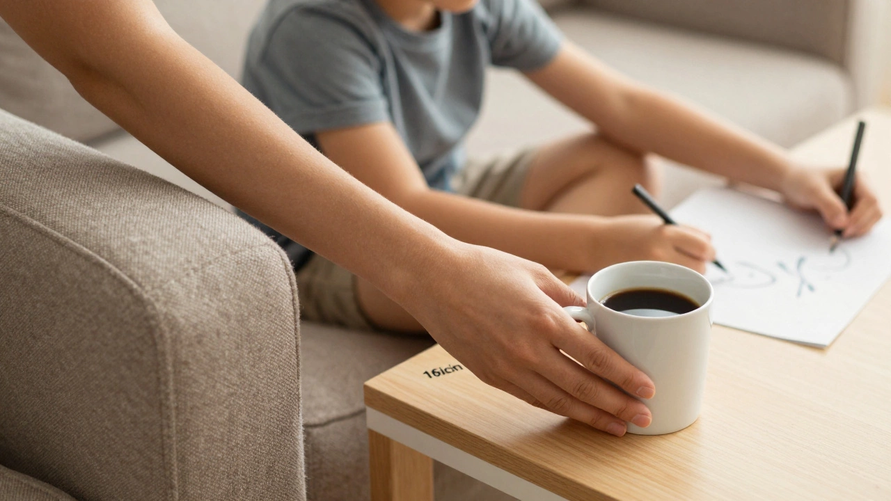 A hand comfortably placing a mug on a coffee table slightly lower than the couch, with relaxed posture.
